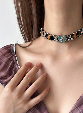 甜酷辣妹风皮质豹纹克罗链条项链