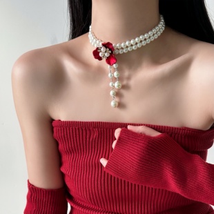 一朵红花双层珍珠流苏choker项链女小众时尚气质设计感锁骨链配饰