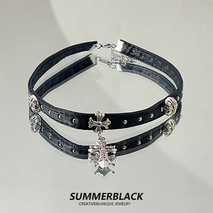 黑姑姑饰品小众百搭十字架黑色皮革项链项圈颈链choker脖子配饰女