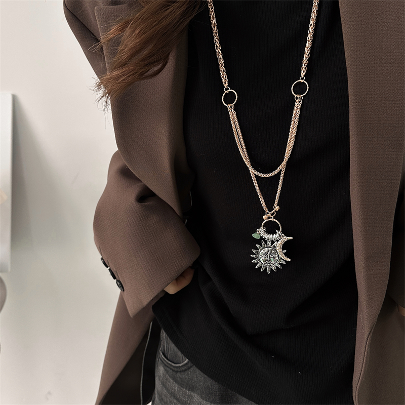 复古奢华风金色链条太阳月亮吊坠项链女小众个性时尚潮流毛衣链