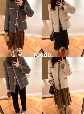 Rdodo自线 斜纹人字纹全羊毛小香风韩国进口织带短款外套大衣厚款