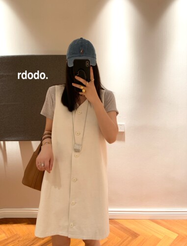 Rdodo自线 法式高智简约气质V领棉麻全开扣显瘦马甲背心连衣裙
