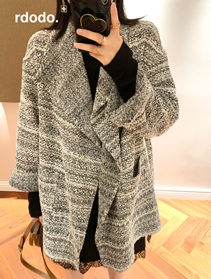 Rdodo自线 雨季巴黎黑白灰粗花呢小香风翻领系带纸片人休闲外套