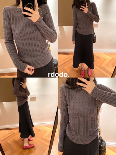 拉夫绞花灰色套头毛衣贴身针织衫