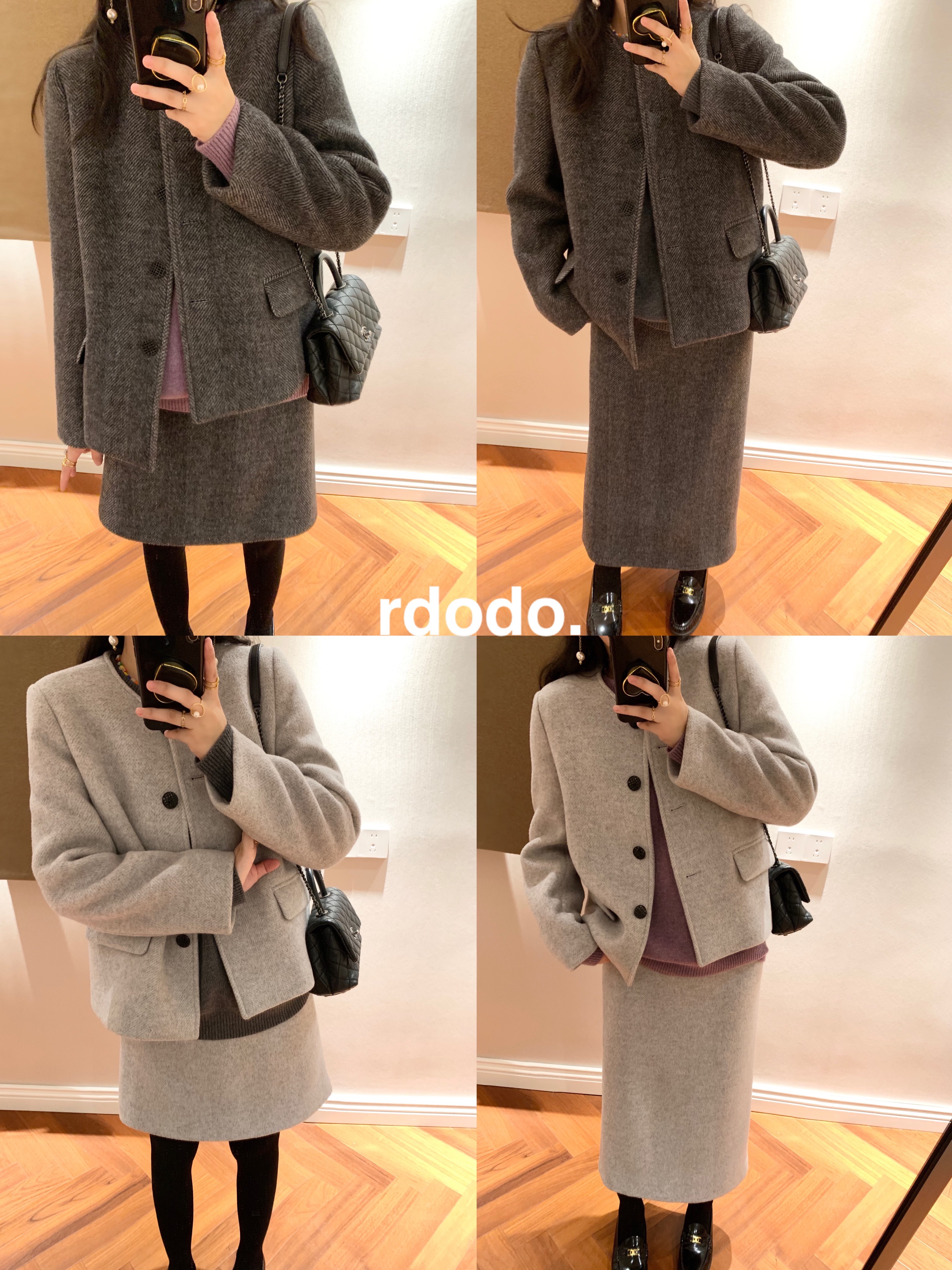 Rdodo自线 大小姐风人字纹澳洲全羊毛精致短款大衣半身裙套装厚款