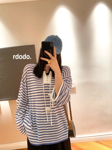 Rdodo自线 夏日时髦穿搭纸片人条纹天丝亚麻防晒针织衫上衣T恤