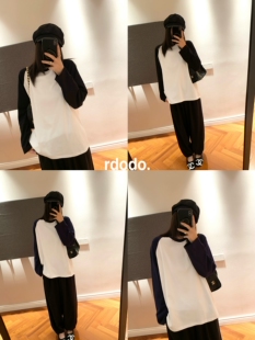 Rdodo全员自留！赵露思同款撞色插肩袖高密棉美式复古宽松T恤上衣