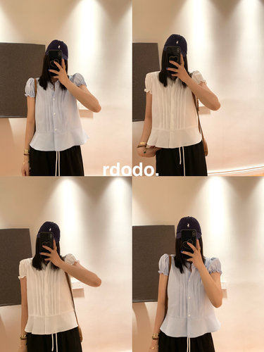 Rdodo自线 法式泡芙小泡袖精致日本色织颗粒棉百搭短袖衬衫上衣