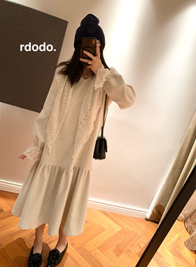 Rdodo礼物版 财阀大小姐高级醋酸新丝绒法式复古油画蕾丝连衣裙