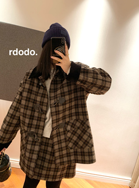Rdodo自线英国哈里斯全羊毛牛角扣拼丝绒格纹棉服大衣半身裙厚款