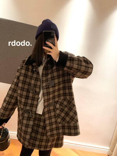 Rdodo自线英国哈里斯全羊毛牛角扣拼丝绒格纹棉服大衣半身裙厚款