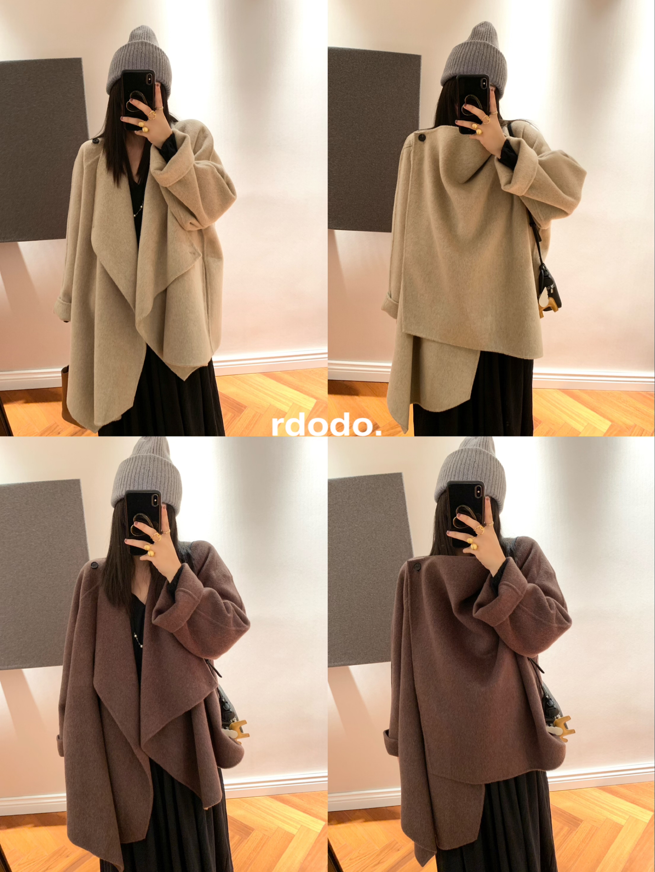 Rdodo自线 row风时髦不对称大翻领长毛高支山羊绒羊毛围脖领大衣