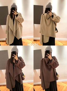 Rdodo自线 row风时髦不对称大翻领长毛高支山羊绒羊毛围脖领大衣