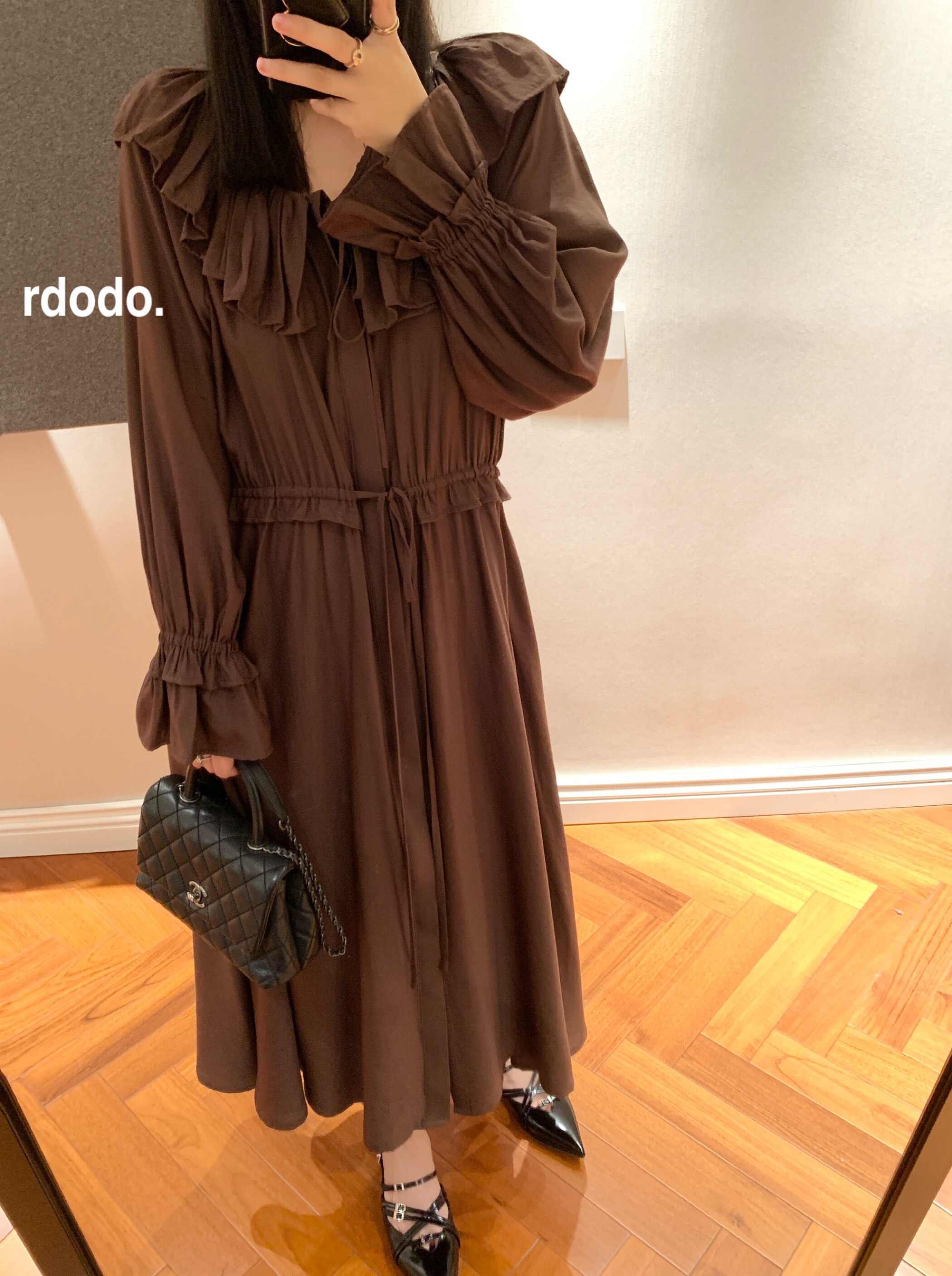 Rdodo自线 RL拉夫老钱松弛褶边束腰绉纱抽绳法式花边长款连衣裙