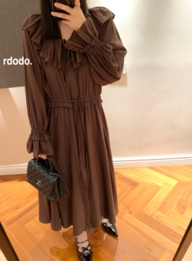 Rdodo自线 RL拉夫老钱松弛褶边束腰绉纱抽绳法式花边长款连衣裙