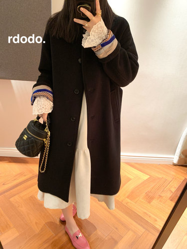 Rdodo 英式简约质感翻卷撞色织带袖口系带山羊绒+羊毛大衣厚款