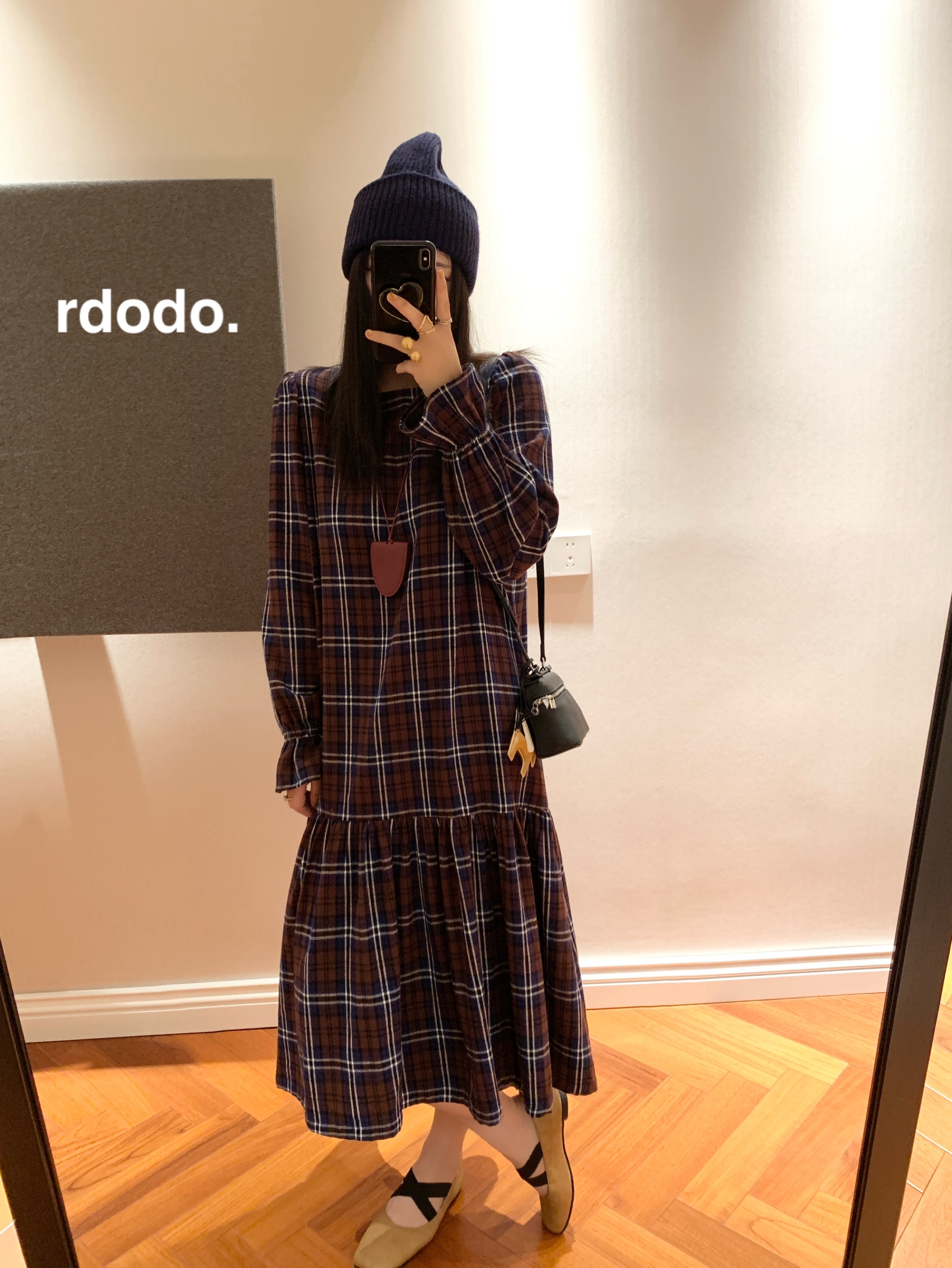 Rdodo自线 RRL老钱格纹财阀大小姐高密磨毛全棉格子长款连衣裙