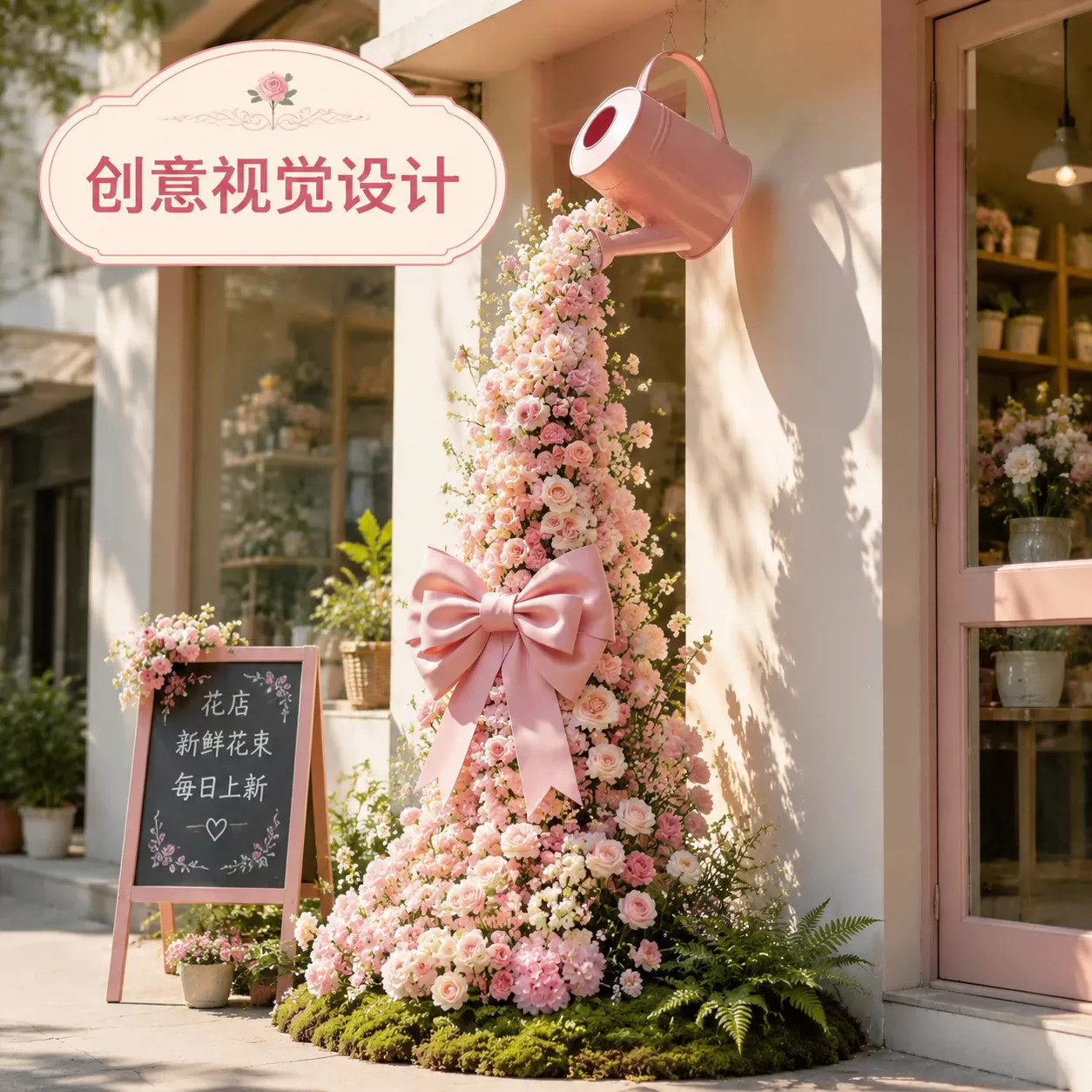 纸质瀑布花洒水壶商店橱窗拍照