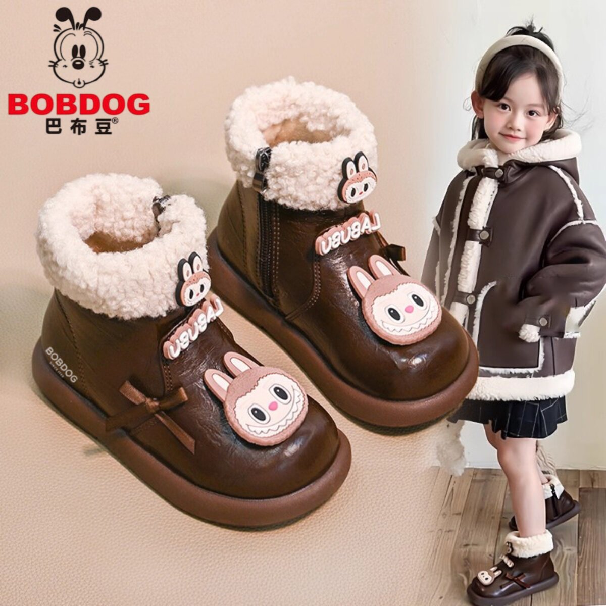 巴布豆女童靴子短靴2025新款冬季儿童卡通皮靴女宝加绒二棉鞋冬款,童鞋/婴儿鞋/亲子鞋,棉靴,淘宝优惠券,粉丝福利购,淘宝优惠卷