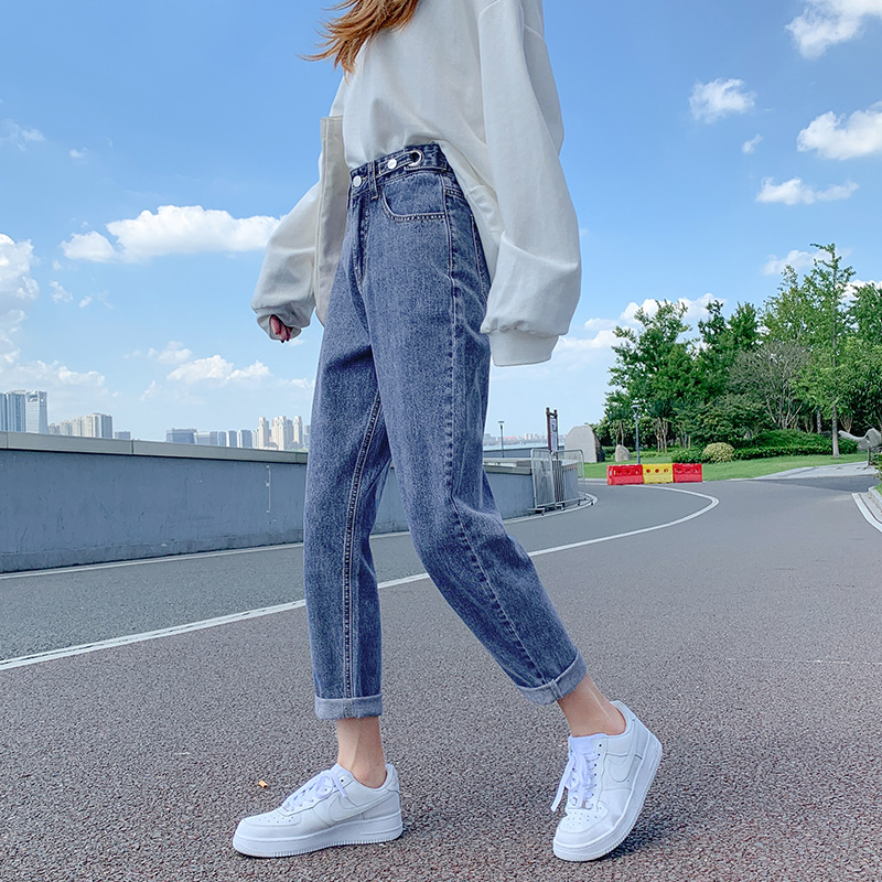 高腰哈伦牛仔裤女秋季2023年新款宽松显瘦直筒chic老爹萝卜裤子潮