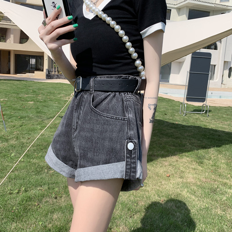现货卷边牛仔短裤女秋季薄款2022新款韩版宽松aT字阔腿高腰黑色热