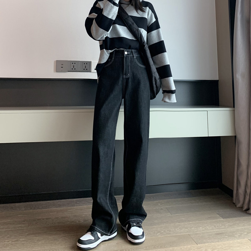 黑色直筒加绒牛仔裤女秋冬2021新款高腰显瘦垂感阔腿拖地裤子春秋