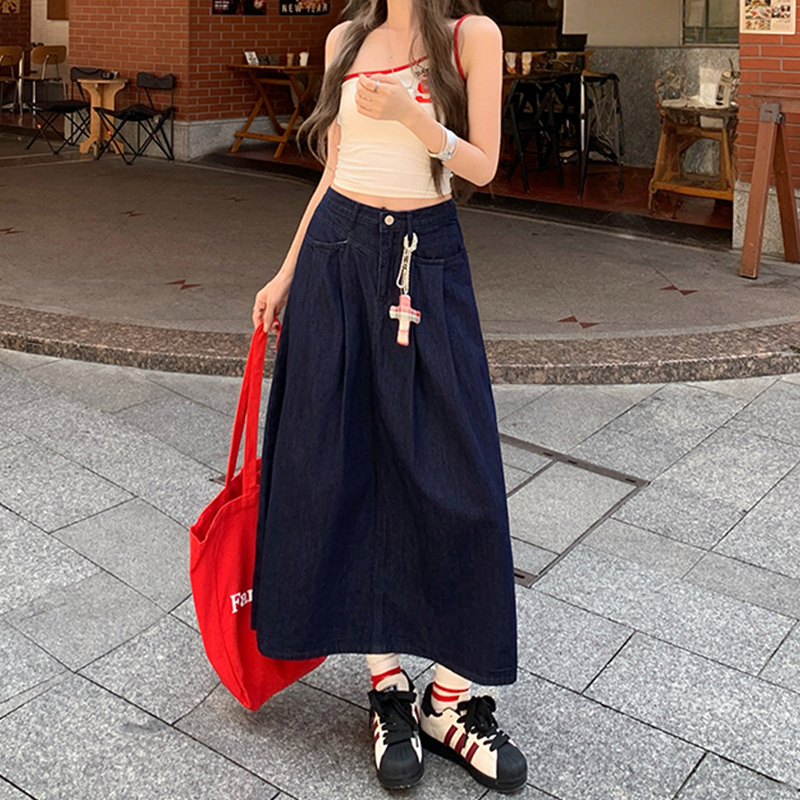 藏蓝色牛仔半身裙女夏季薄款高腰显瘦小个子超火长款过膝a字伞裙