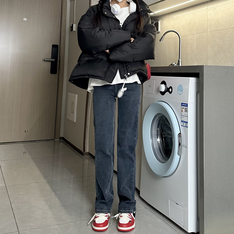高腰加绒直筒牛仔裤女小个子2023年新款秋冬宽松显瘦窄版烟管长裤