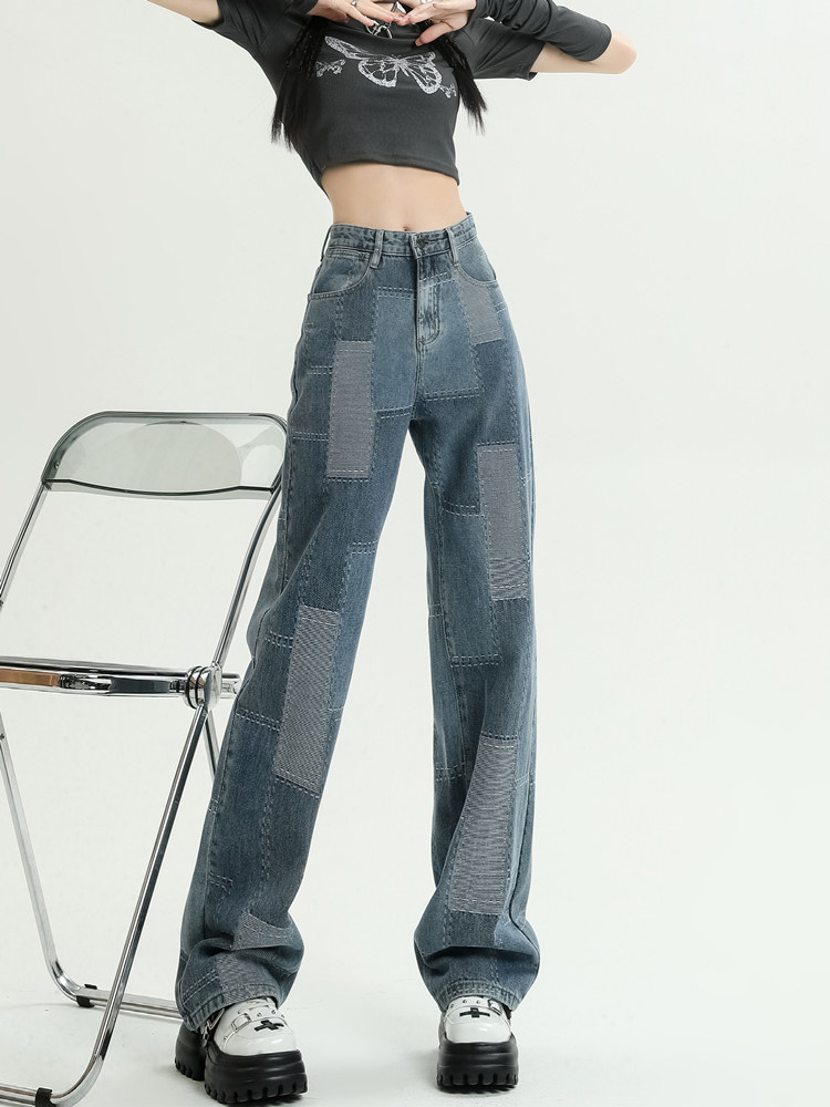 AUTUMN NEW DESIGN NICHE JACQUARD WIDE-LEG JEANS WOMENS LOOSE HIGH-WAISTED BABES STRAIGHT DRAPE MOP PANTS