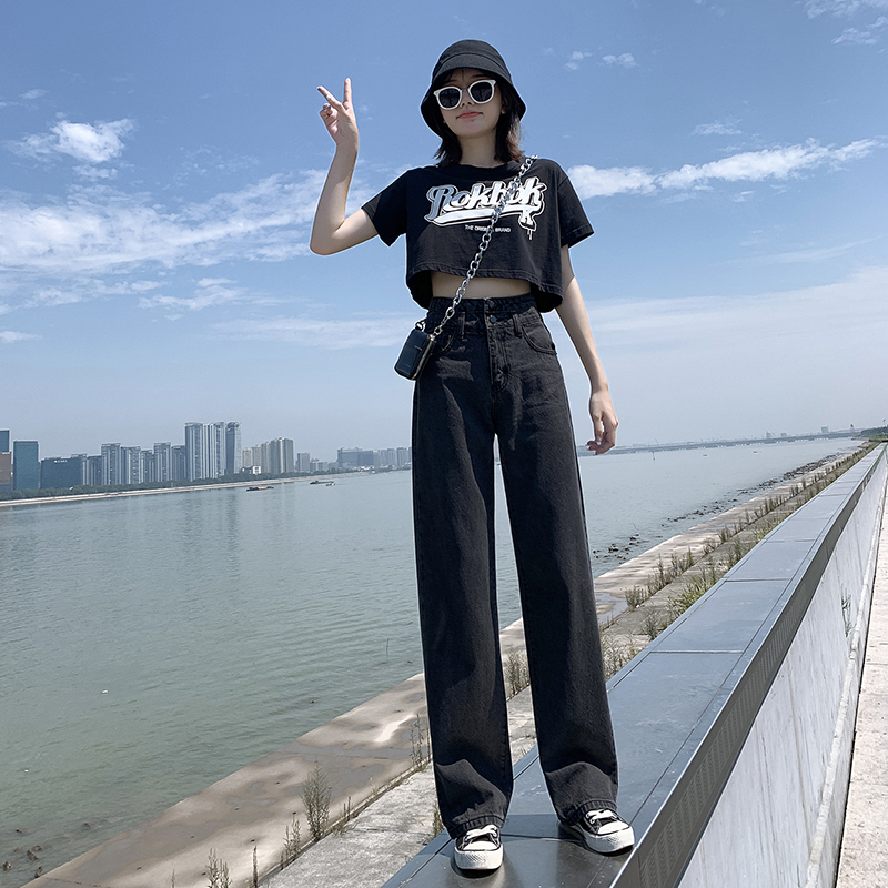 烟灰色高腰阔腿裤显瘦牛仔裤女年新款百搭宽松垂感拖地直筒裤