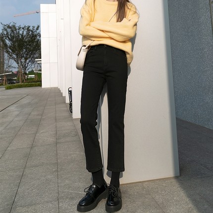 加绒加厚烟管裤高腰牛仔裤女冬季2025年新款显瘦九分直筒黑色裤子