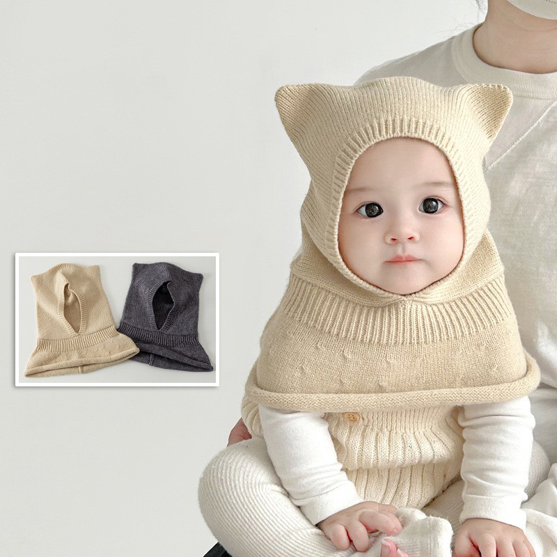 婴儿帽子围脖一体秋冬新款针织套头帽婴幼儿毛线帽保暖宝宝护耳帽