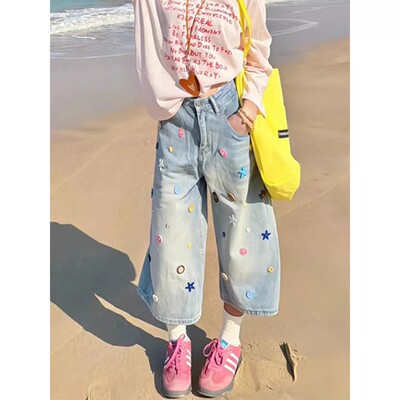 浅色牛仔短裤女显瘦窄版阔腿裤大码2026夏季新款美式彩色纽扣七分