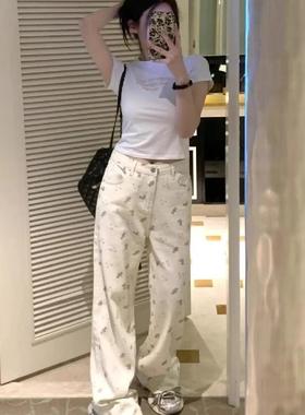 白色小熊印花垂感直筒休闲牛仔裤女高个子高腰宽松显瘦小众阔腿裤