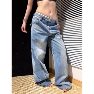 复古vintage蓝色巴黎扣牛仔裤 大码 女 美式 直筒阔腿宽松显瘦拖地裤