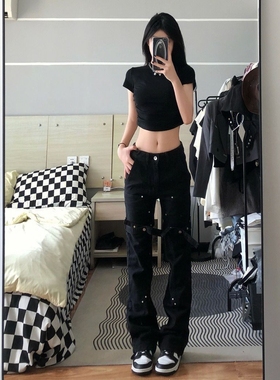 微喇设计绑带大码欧美高街vibe牛仔裤女秋季ins潮美式黑色直筒裤
