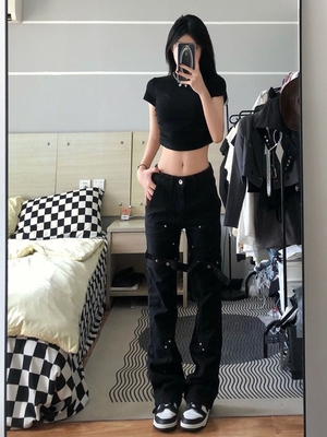 微喇设计绑带大码欧美高街牛仔裤