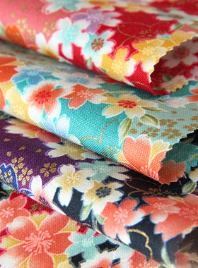 进口布料 面料 sevenberry日本和风满幅烫金缤纷樱花 全棉 棉布