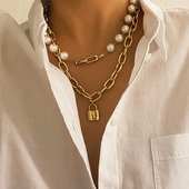 GWE中古风轻奢欧美ins个性 时髦锁项链新款 金色珍珠缠绕设计毛衣链