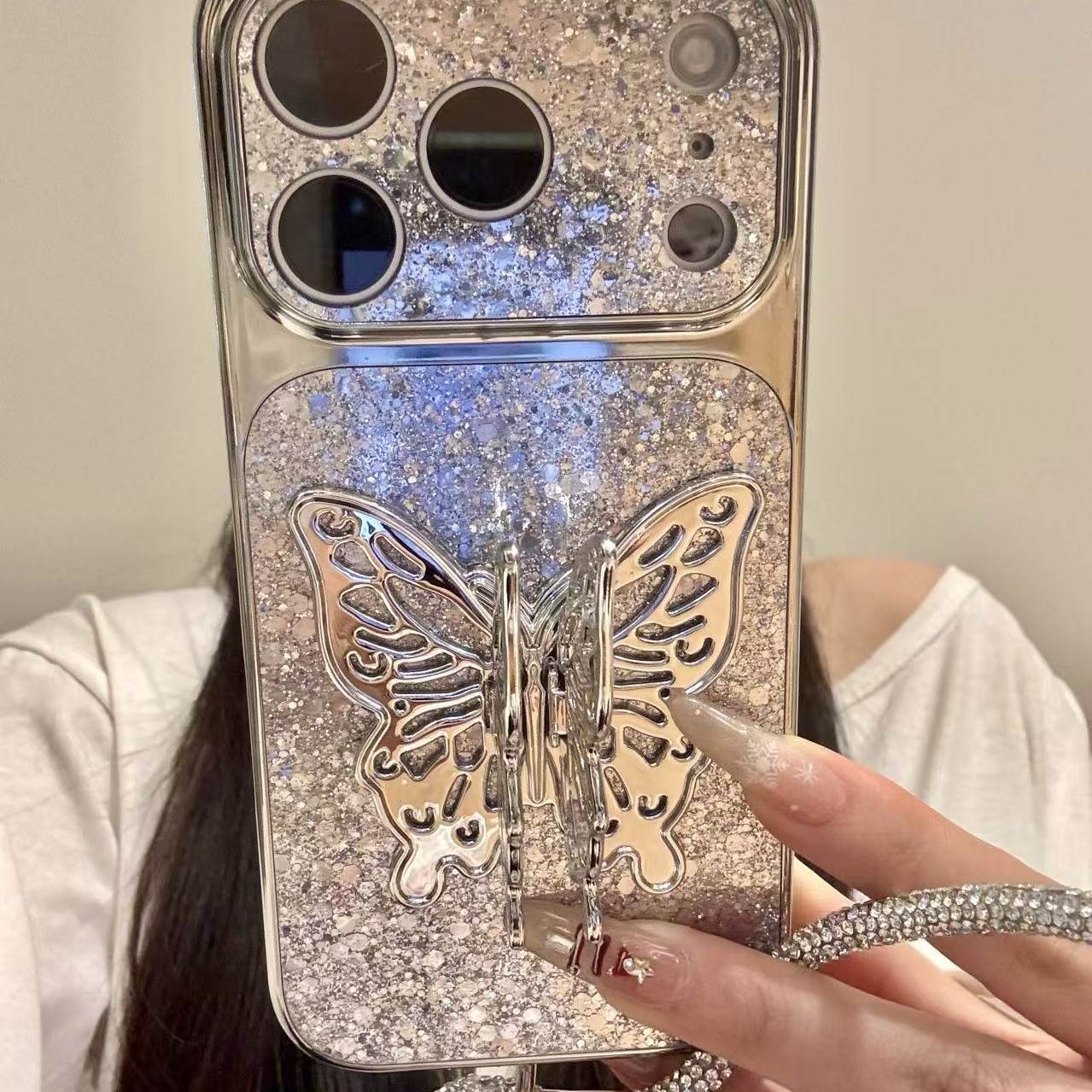 高级感亮片银色蝴蝶结适用于iphone17promax苹果16pr手机壳15新款