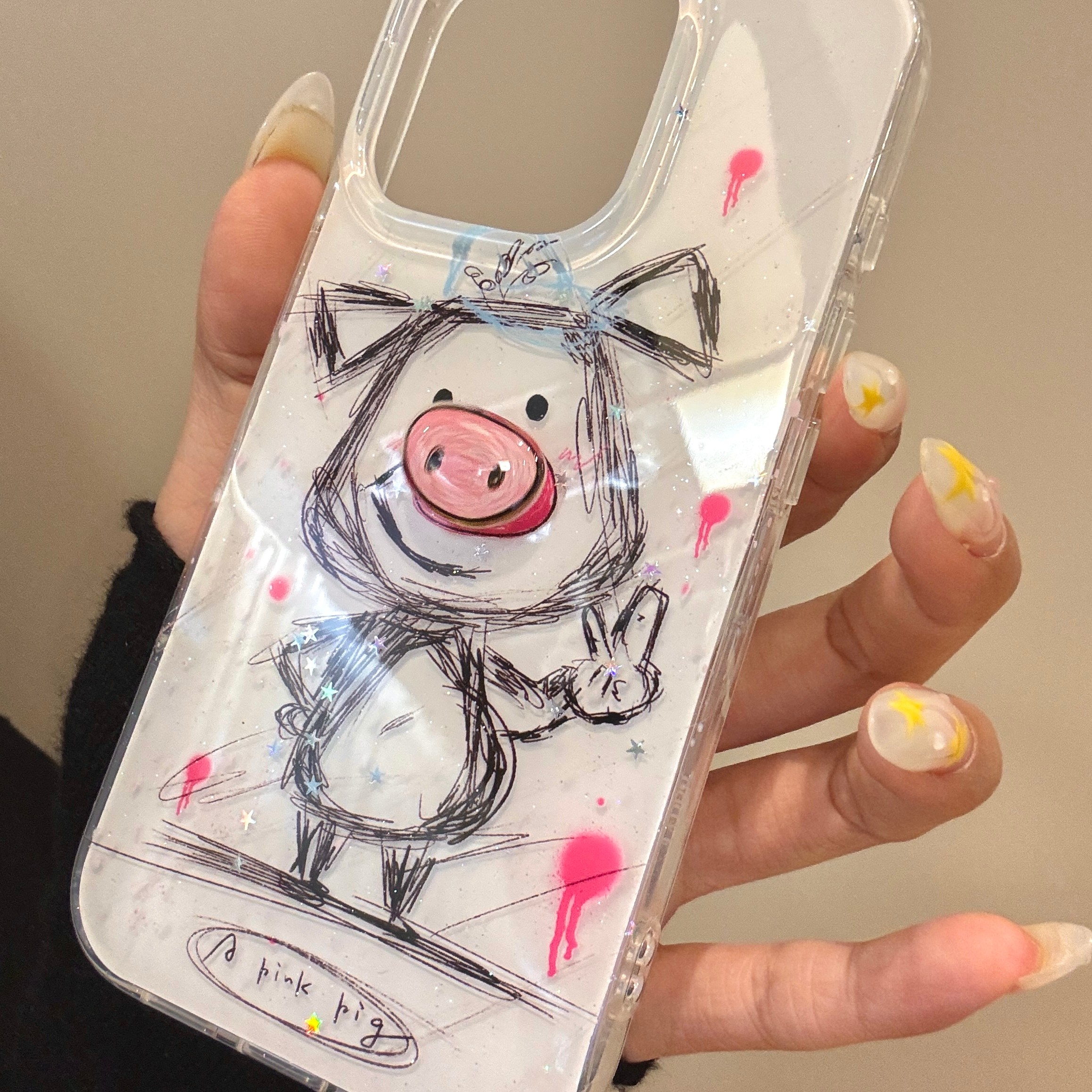 可爱旋转猪鼻素描比耶小猪适用iphone17proma苹果16pro手机保护壳