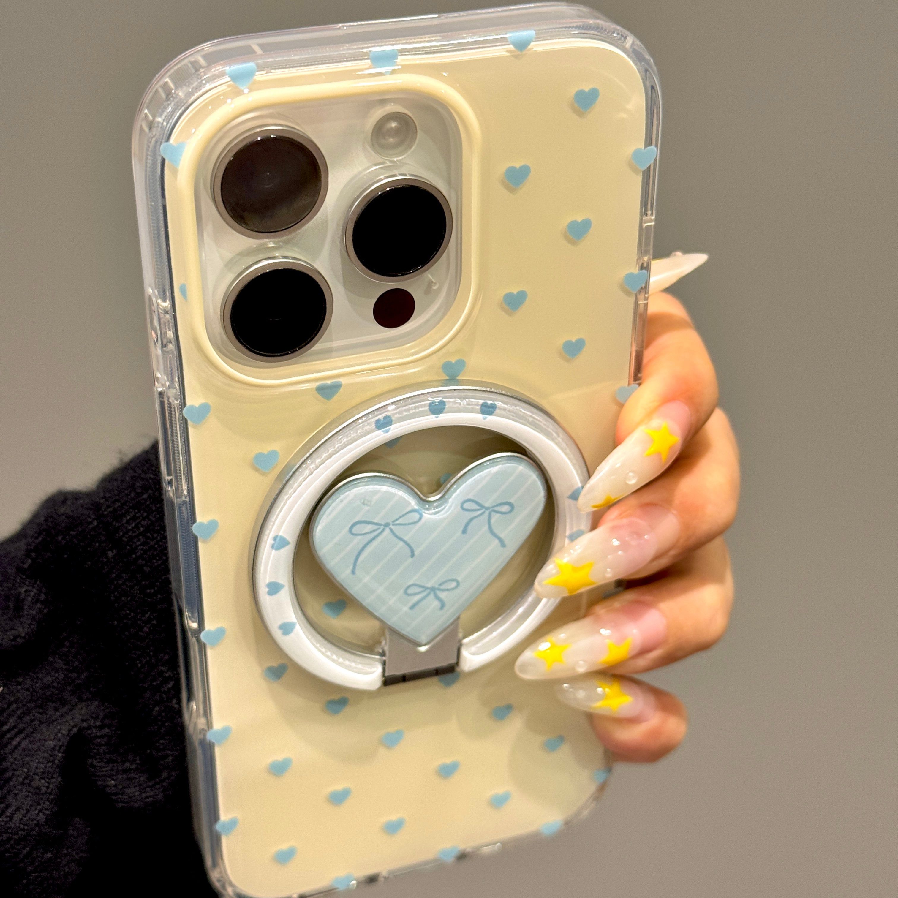 韩系ins波点爱心蝴蝶结支架适用iphone16prom手机壳苹果新款14pro