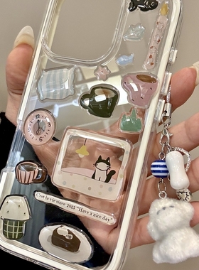 简约猫咪相框小鱼水杯diy贴纸适用iphone16prom手机保护壳苹果15
