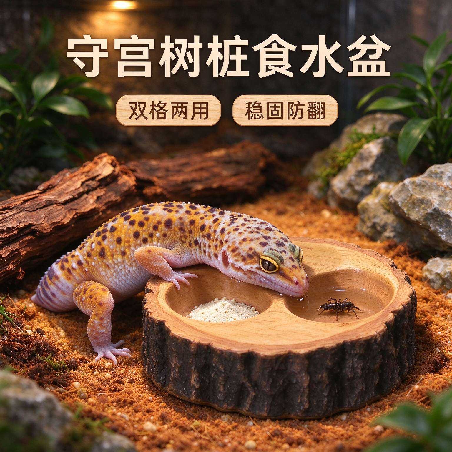 爬宠仿真树桩食盆水盆守宫蜥蜴角蛙陆龟双格喂食饮水树脂碗