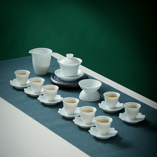 赢匠羊脂玉影青白瓷功夫茶具套装家用简约中式盖碗泡茶整套茶具组