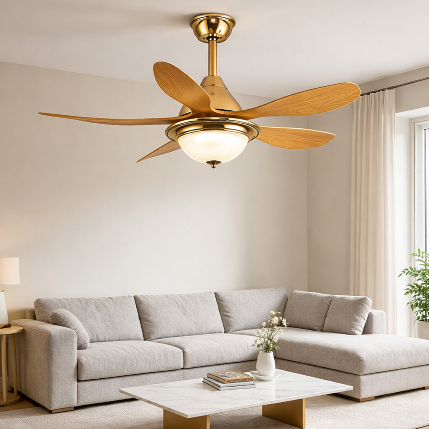 原木风简约吊扇灯 客厅餐厅风扇灯金色家用变频静音带灯吊扇一体