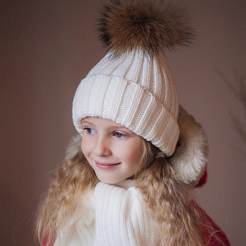 새 겨울 모자 스카프 아동복 진짜 모피 너구리 모피 공 따뜻하고 두꺼운 모직 모자
