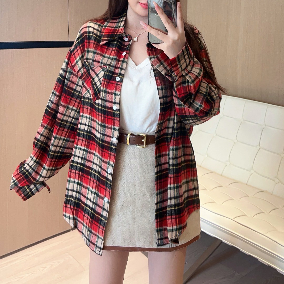 美式休闲复古红格子衬衫女设计感小众开衫长袖衬衣外套春夏