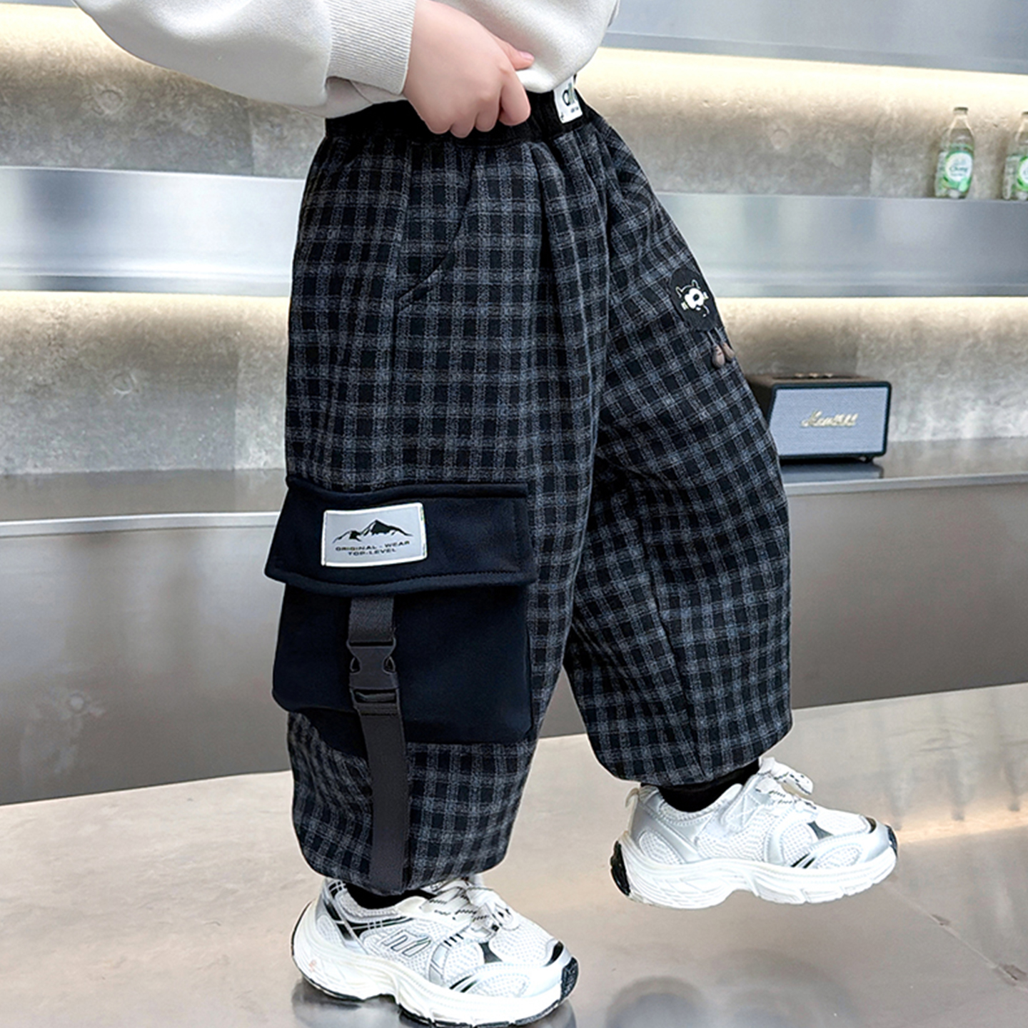男童冬季加绒格子裤儿童加厚裤子