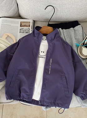 男童春秋款外套2026新款儿童时髦帅气秋装夹克男孩宝宝紫色冲锋衣